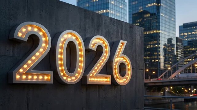 A striking, digitally rendered sign displaying the year 2026, crafted in a classic marquee style with glowing, warm incandescent bulbs, stands prominently on a textured concrete wall. The metallic num