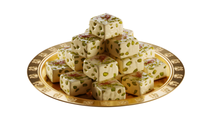 Pyramidal stack of indian sweets on gold plate isolated on transparent background