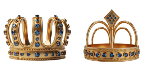 Two ornate gold crowns with blue jewels on transparent background