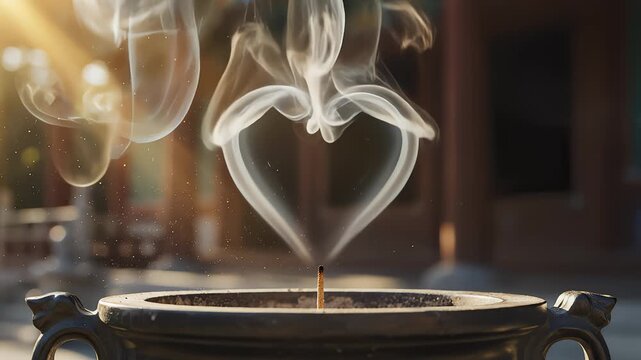 Incense Stick Burning and Releasing Smoke Heart Shape in Slow Motion