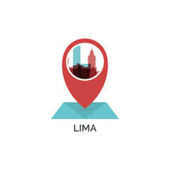 Lima icon of map pin pointer, geolocation, skyline shape. Vector logo, isolated clip art. Peru web symbol with landmarks and buildings