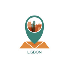 Lisbon icon of map pin pointer, geolocation, skyline shape. Vector logo, isolated clip art. Portugal web symbol with landmarks and buildings
