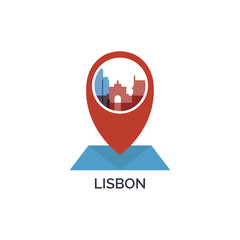 Lisbon icon of map pin pointer, geolocation, skyline shape. Vector logo, isolated clip art. Portugal web symbol with landmarks and buildings