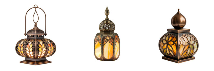 Three decorative lanterns with stained glass and bronze details isolated on transparent background