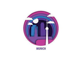 Munich, Germany paper cut, cityscape crafted vector illustration. Origami, layered art of city with skyline, buildings, landscape shape for sticker, badge, web, print