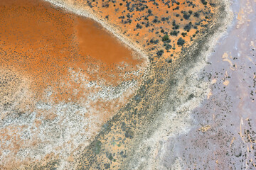 Fascinating colourful aerial view of the salt likes around the Karara Rangelands in the midwest of Western Australia