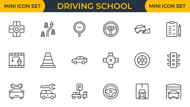 Set of 18 Driving School  web icons in line style Cars, Traffic, Education, and Transportation. Thin outline icons pack. Vector illustration