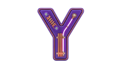 3D Letter Y stylized as a mechanical device with pipes and spring on transparent background