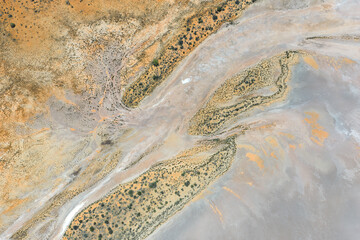 Fascinating colourful aerial view of the salt likes around the Karara Rangelands in the midwest of Western Australia