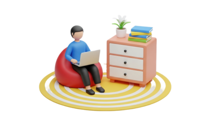 3D Character Working on Laptop on Beanbag on transparent background