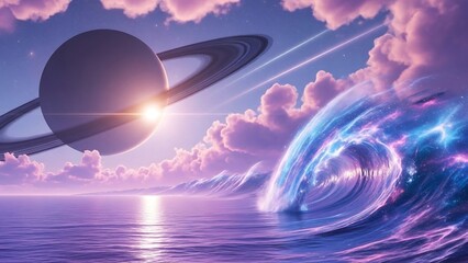 Saturn planet in cosmic wave sunset.