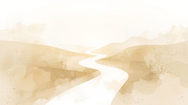 Minimalist self-development illustration, winding path in pale gold and white with copy space