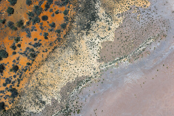 Fascinating colourful aerial view of the salt likes around the Karara Rangelands in the midwest of Western Australia