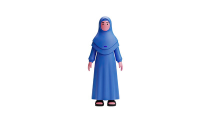 3D Female Character Wearing Blue Hijab and Dress on transparent background