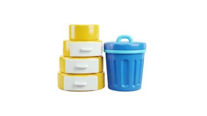 3D Stack of Yellow Drawers Next to Blue Trash Can on transparent background