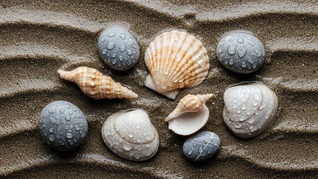 Seashells and Wet Stones on Rippled Sand - Powered by Adobe