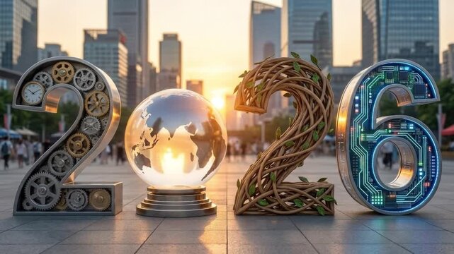 A visually rich and symbolic depiction of the future, featuring the conceptual numbers '2026' prominently displayed in an urban setting during the golden hour. The first number intricately combines ge