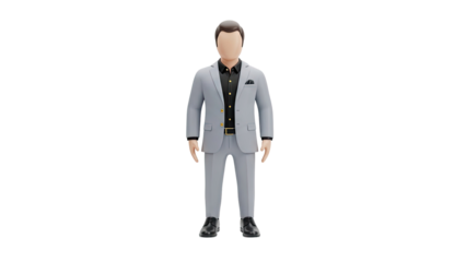 3D Man in Gray Suit and Black Shirt, Isolated on transparent background