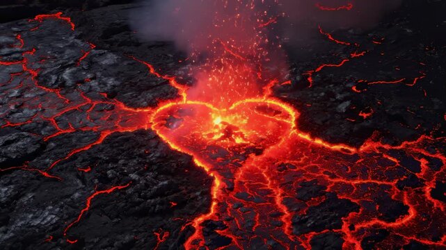 Heart Shaped Lava Flowing From Volcano With Steam and Smoke