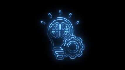 Glowing blue neon light bulb with brain inside and gear symbol representing innovation idea... icon - Powered by Adobe