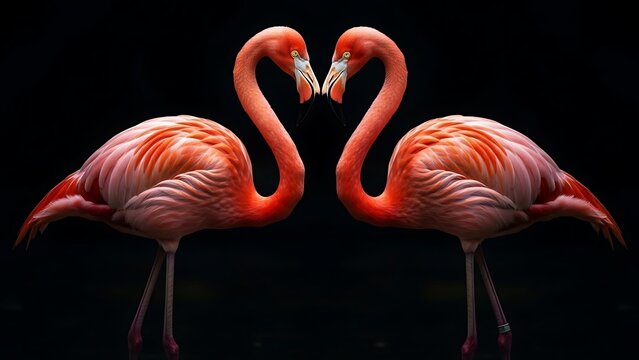 Two flamingos standing close together in a heart shape - Powered by Adobe