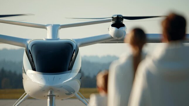 Electric vertical ready to private boarding aircraft flying. Future air taxi urban mobility.
