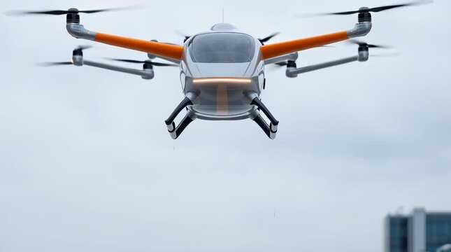 Electric vertical takeoff and landing aircraft flying above city skyline at sunset for future air taxi urban mobility.