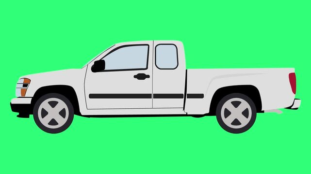 Side view of a white pickup truck with a crew cab and a bed, isolated on a vibrant green background, depicting a common utility vehicle.