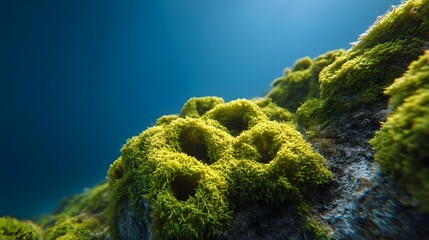 Close up of porous green algae covered marine sponge in clear blue underwater environment