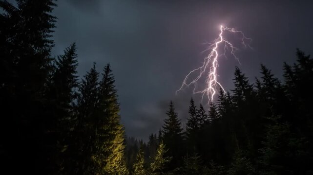 A dramatic forest  at night  as bright lightning forks through stormy skies above silhouetted pines!