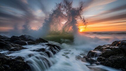 Dramatic Ocean Wave Crashing on Rocky Shoreline at Sunset