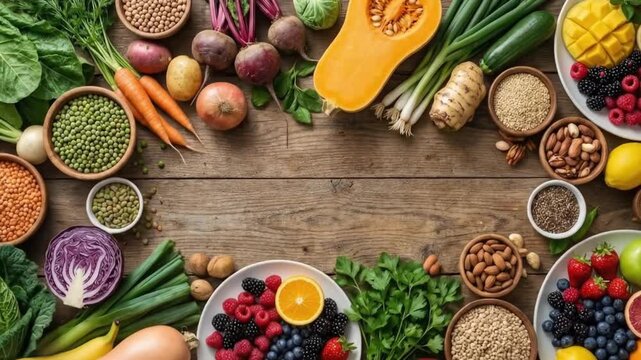 An overhead flat lay shot showcases a rich, colorful array of fresh, organic ingredients spread across a rustic wooden table. This vibrant composition features an abundance of fruits like berries, cit