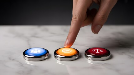 Hand pressing a button on a control panel with options