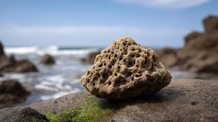 A textured porous tan rock rests on a mossy stone at the ocean s edge with blurred waves in the background under a bright blue sky