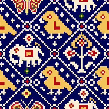 Seamless Geometric Patola Pattern with Traditional Indian Motifs Design