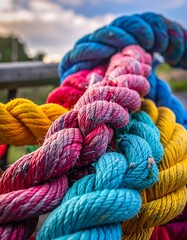 Close-up of a colorful, tightly woven rope against blurred background