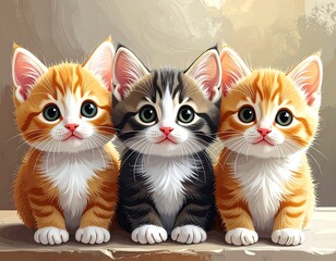 Three adorable, fluffy kittens sit side-by-side, facing the viewer