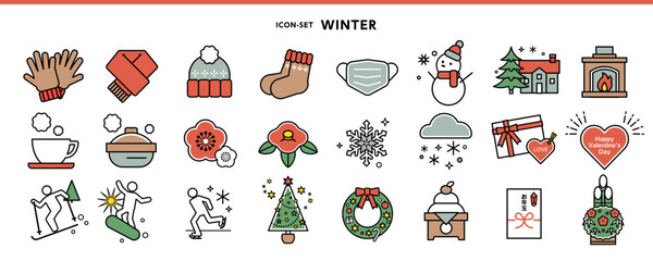 冬のシンプルなアイコンセット〜クリスマス・お正月・バレンタインデーなど〜