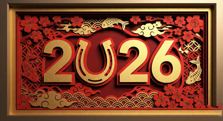 Paper cut style golden 2026 and horseshoe illustration
