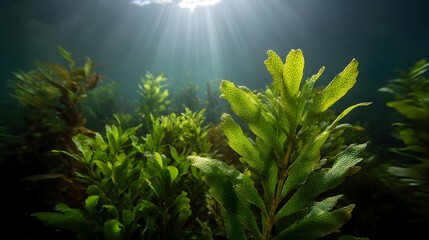 Sunbeams illuminate lush green aquatic plants underwater in clear water