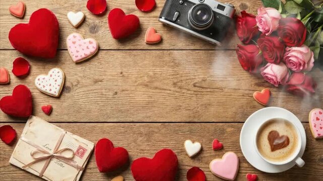 Overhead view of a delightful assortment of romantic and nostalgic elements artfully arranged on a warm, textured wooden background. The composition features soft red plush hearts, scattered rose peta