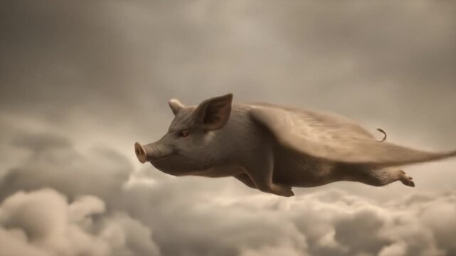 Floating pig with delicate wings glides through dramatic clouds in a surreal, sunlit sky. Marvelous