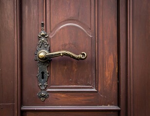 Close-up of a detailed, antique wooden door with elaborate hardware