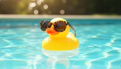 Yellow Rubber Duck Wearing Sunglasses in Swimming Pool.