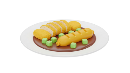 3D Food Icon: Sausage and Fried Chicken Slices with Sauce
