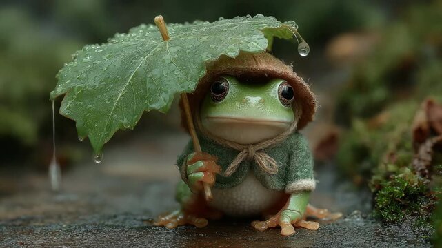 Cute frog taking cover under a leaf during rain