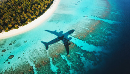 Aerial view of airplane shadow over turquoise tropical sea and white sand beach with palm trees.
