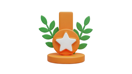 3D Orange Trophy with Star and Leaves on transparent background