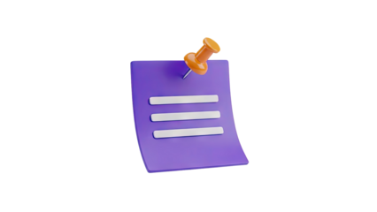 3D Purple Memo Note with Orange Push Pin Icon transparent background