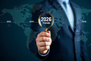 Analyzing future trends a businessman examines upcoming global possibilities with a magnifying glass